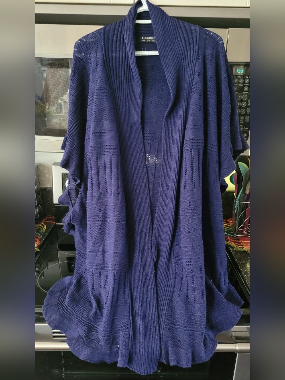 BloomChic Deep Blue Open-Front Pointelle Ribbed Cardigan